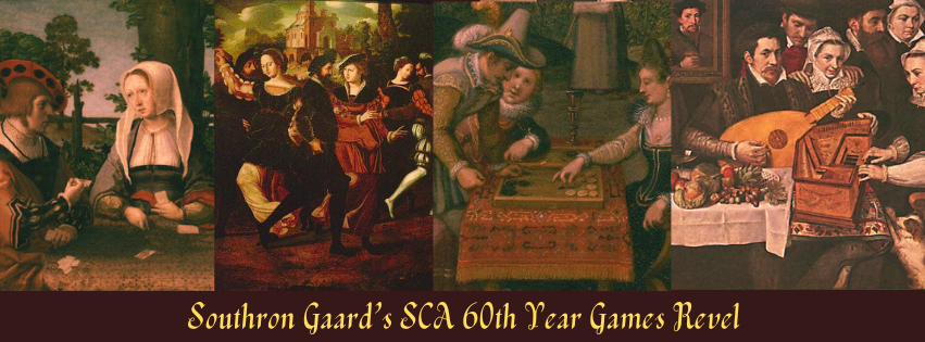 A burgundy toned banner showing 4 renaissance images depicting gaming, dancing, and making music etc above a narrow banner announcing 
