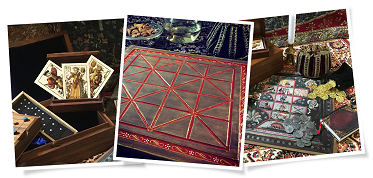 A collage of 3 photos showing a gluckhaus board, and alquerque board, and renaissance German playing cards