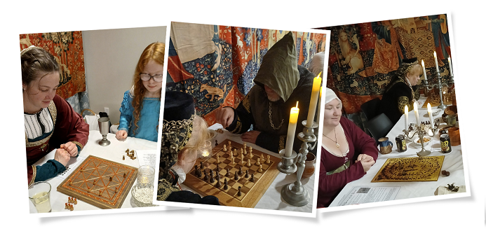 A collage of 3 photos showing games of (left to right) Alquerque, Chess, Game of Goose being played during the evening