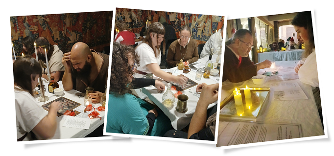 A collage of 3 photos showing the folks playing a range of period boardgames